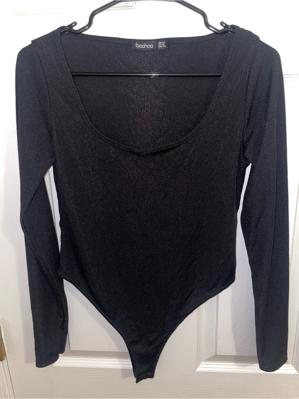 Boohoo Black Ribbed Long-Sleeve Scoop Neck Bodysuit